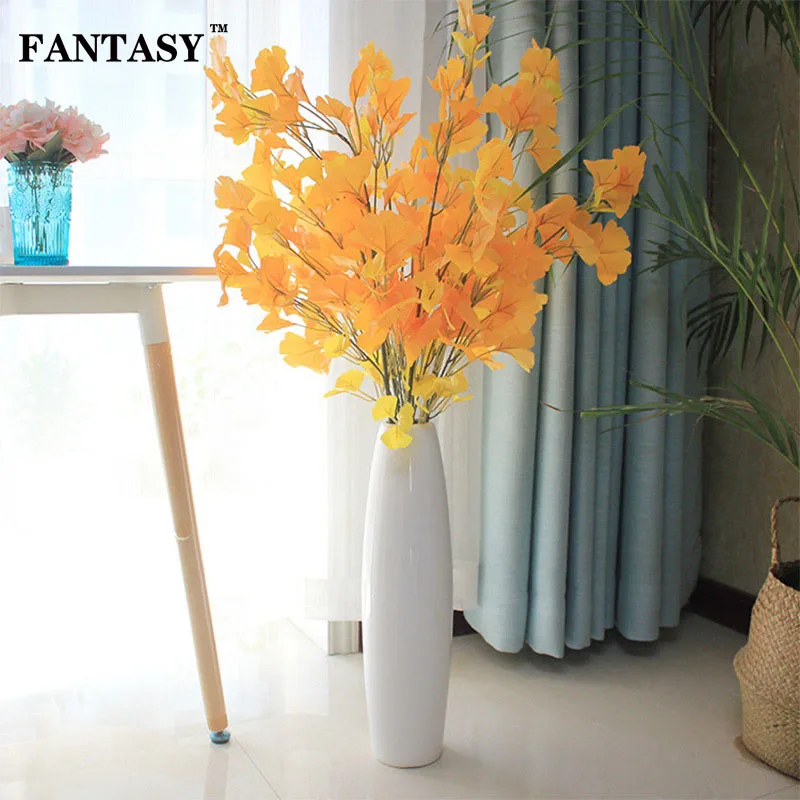

FANTASY Plastic Ginkgo Branches Artificial Plant 3 Forks 8 Heads 24 Gold Fake Leaves High Quality Faux Foliage For Home Decor
