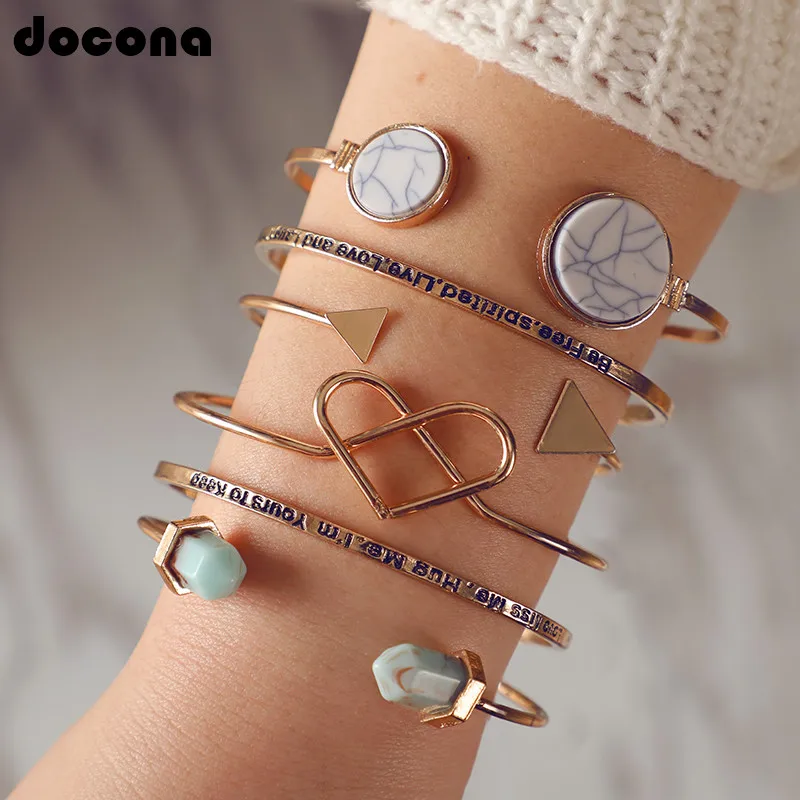 

Docona 6pcs/set New Punk Large Heart Stone Gem Crystal Open Carved Triangle Multilayer Cuff Bracelet Bangle Set Women Party Gift