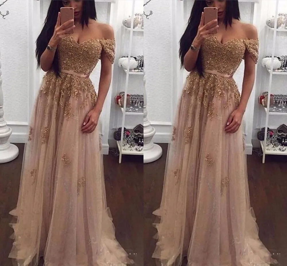 Champagne Lace Beaded Prom Dresses Arabic Evening Dresses Sweetheart A line Tulle Vintage Cheap