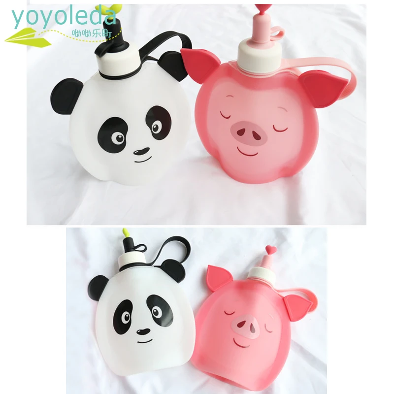 

Cute Panda Drink Water Bottle Baby 350ml Collapsible Silicone Water Bag Leakproof Kids Sippy Cup Milk Juice Children kettle
