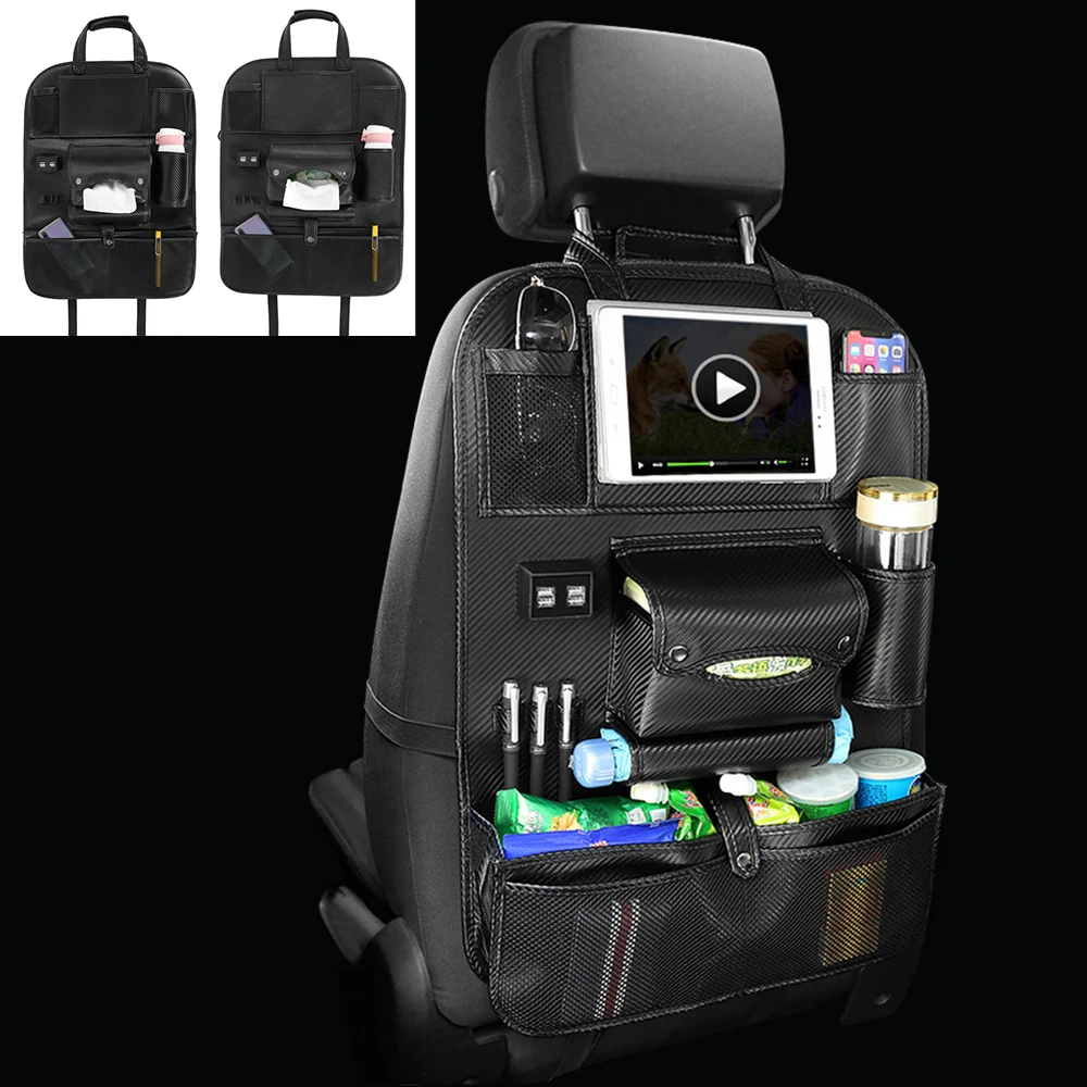 

(4 USB) Pu Leather Car Seat Back Bag Organizer Auto Charger Storage Travel Multifunction Rear Pocket Stowing Tidying Accessories