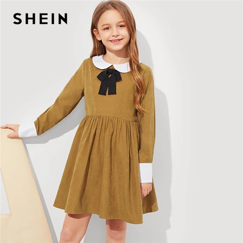 SHEIN Kids/коричневое платье для девочек с контрастным воротником и бантом спереди; консервативное платье; детская одежда; коллекция года; весенние повседневные платья для девочек с длинными рукавами на молнии