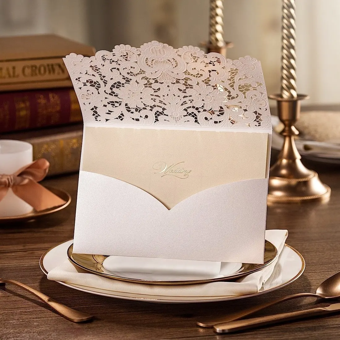  20Pcs White Laser Cut Wedding Invitations Blank Engagement Customized Invitation Card with Envelope - 32989385487