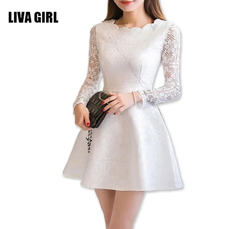 LIVA GIRL Autumn Women Lace Casual Dress Long Sleeve Korean Party Dresses Vestido White Black Pink Mini Dress Robe Dentelle C08 long-white-lace-dress