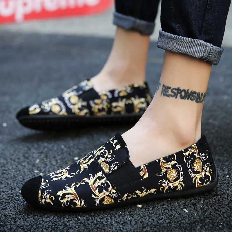 

Breathable Gold Floral Print Men's Shoes Summer Flats New 2019 Slip on Casual Shoes Men Canvas Espadrilles Light Loafers Male