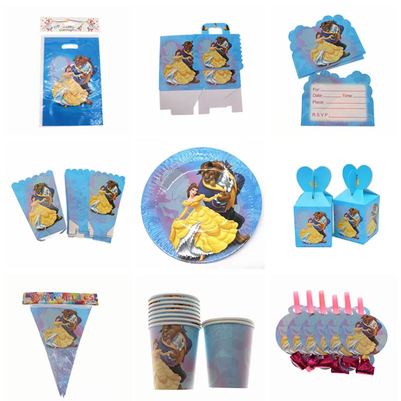 

Beauty and Beast Theme Tableware Set Birthday Party Decoration Kids plate Cups hats Tablecloth Balloon Flag Straw Party Supplies