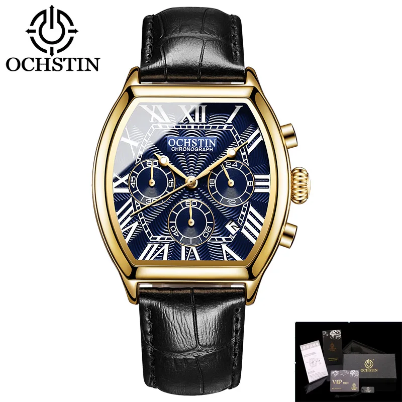 OCHSTIN Auto Date Sports Military Men Watches Luxury Brand Tonneau Quartz-watch Man Leather Army Male Clock Relogio Masculino - Цвет: Gold blue box