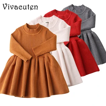 

Autumn Winter Baby Dresses For Girls Long Sleeved Knit Princess Dress Kids Casual Solid O-neck Collar Dress Girls Baby Clothing