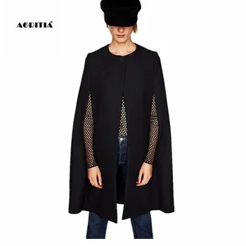 

2019 Autumn Winter Black Cape Coat Women Woolen Cloak Jackets Shawl Outerwear Wool Coats
