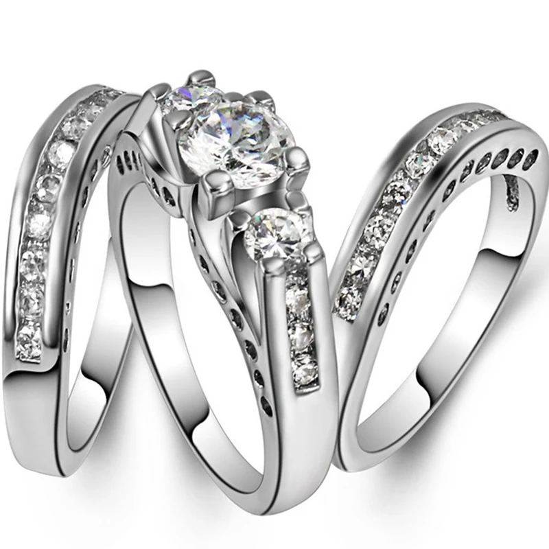 Size 4-12 White Gold Rhodium Plated Engagement Wedding Three-in-One Ring Pair Set Cocktail Party Mother's Day Gifts Daughter