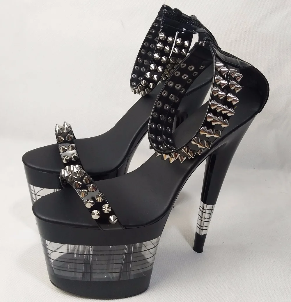 20 cm, black baking paint sexy wedding heels, riveted sandals striped platform, dancing shoes