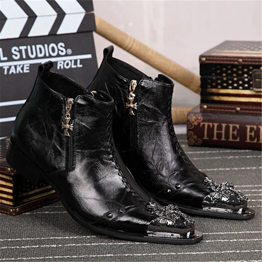 Fashion Handsome Men Black Metal Pointed Toe Ankle Boots Genuine Leather Shoes Men Hombre Cowboy Military Boots Prom Dress Shoes