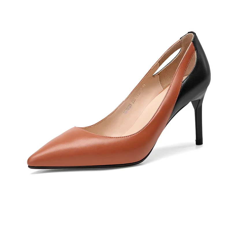 

2019 spring and autumn color matching pointed shallow mouth stiletto high heel women's shoes brwon 0324