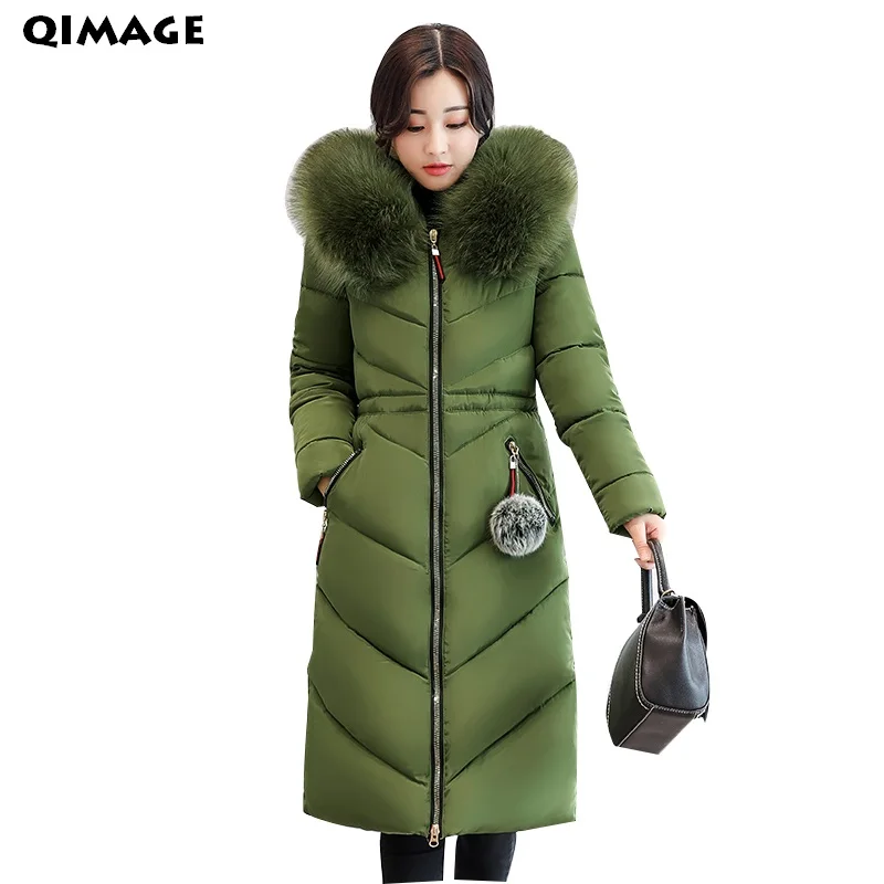 

QIMAGE Solid Color Winter Coat 2017 Women X-Long Parkas Big Fur Collar Warm Long Cotton Wadded Jackets Winter Outerwear Big Size
