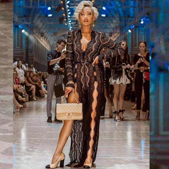 

2018 Newest Black Long Maxi Sexy Mesh Dress Hollow Out V Neck Long Sleeve Split Summer Celebrity Causal Evening Party Vestidos