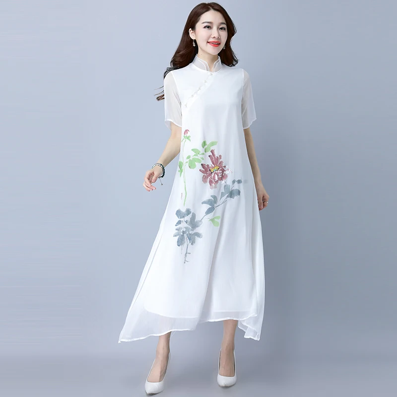 Cheongsam Мода 2017 г. Новое летнее платье в народном стиле ретро с короткими рукавами