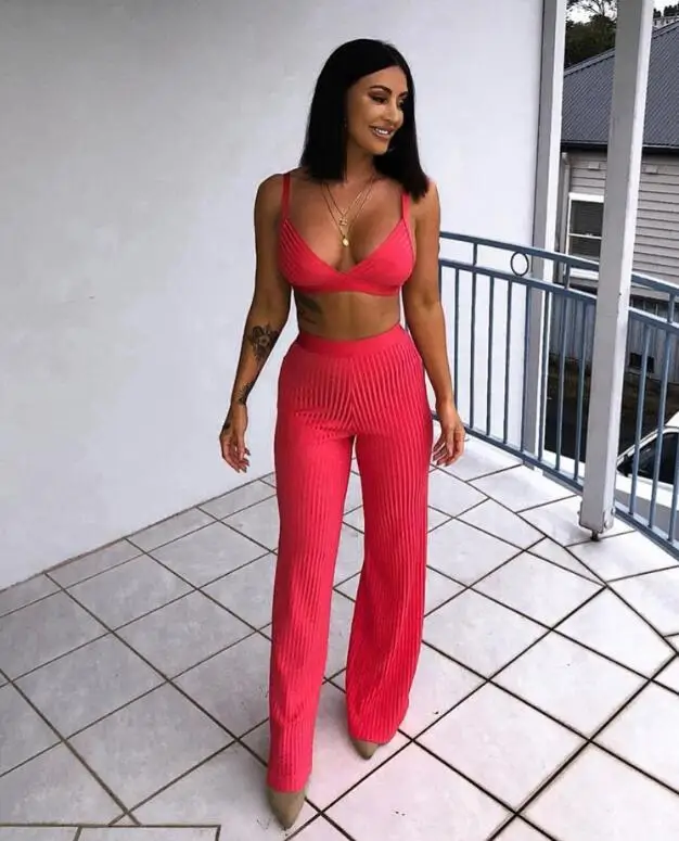 

High Quality Pink 2 Pieces Set Short Rayon Bandage Sets Evening Party Dress