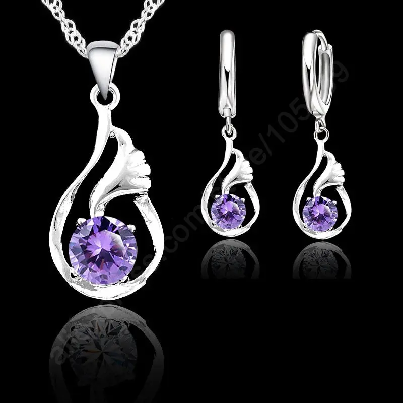 Роскошные элегантные блестящие кубические циркония 925 пробы, серебро, белое золото, женская свадебная подвеска, ожерелье, серьги, ювелирные наборы - Окраска металла: Purple