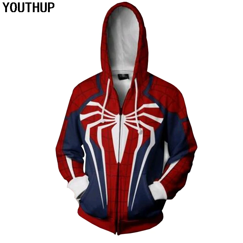 YOUTHUP 3D толстовки для мужчин с принтом Человек-паук на молнии длинным рукавом