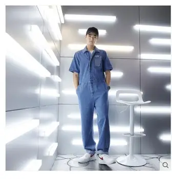 

European and American tooling denim jumpsuit male loose wide leg jumpsuit men's simple fashion jeans