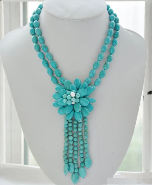 

N2613 2strands blue rice round turquoise bead flower necklace 18inch N Discount (A0325)