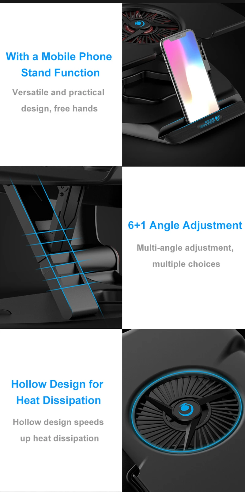 COOLCOLD охлаждающая подставка для ноутбука вентилятор односторонний Тетрадь охладитель база с воздушным охлаждением 7 с угловым регулируемым держателем для 15,6 17 ноутбук с нескользящей подошвой