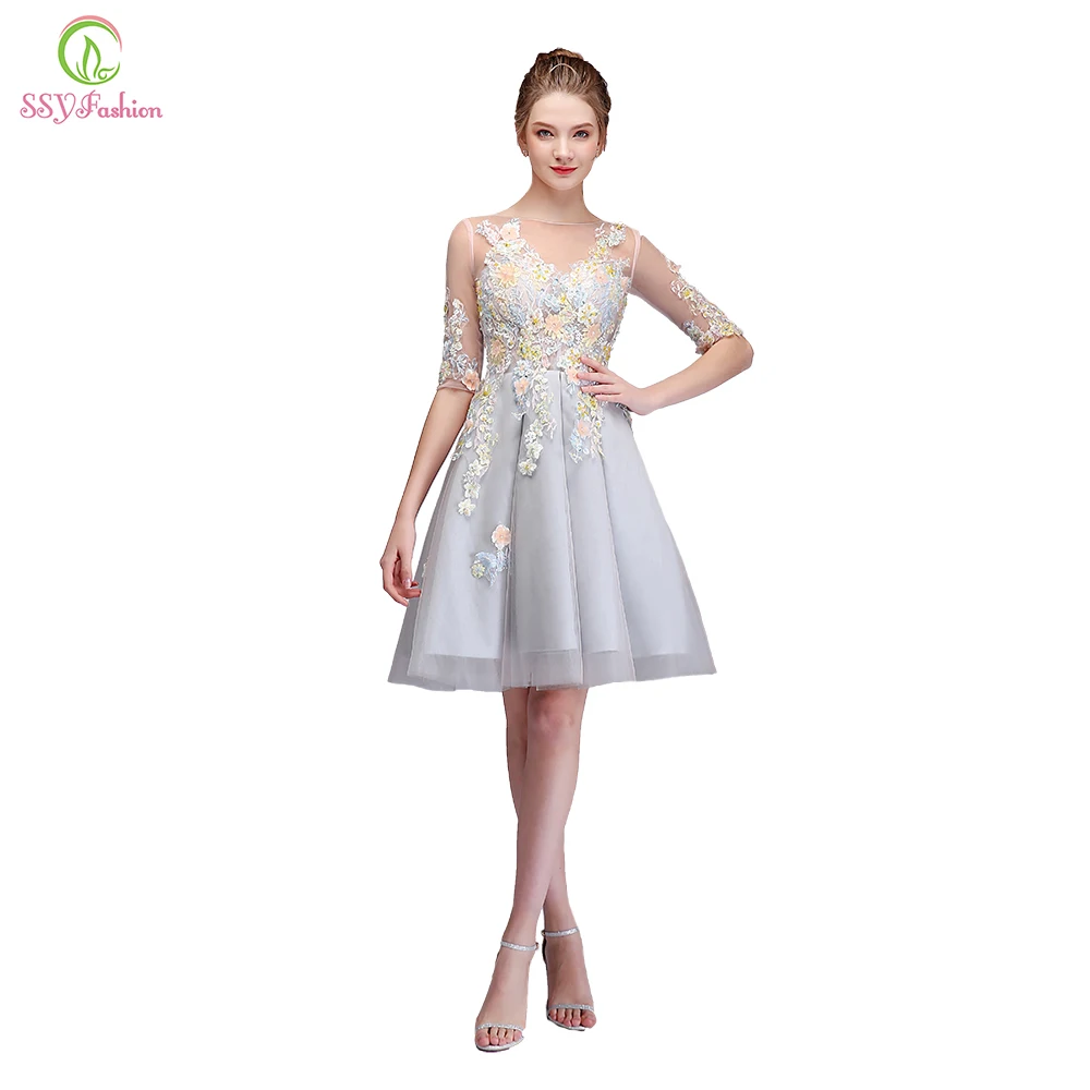 Grey Knee Length Lace Dress