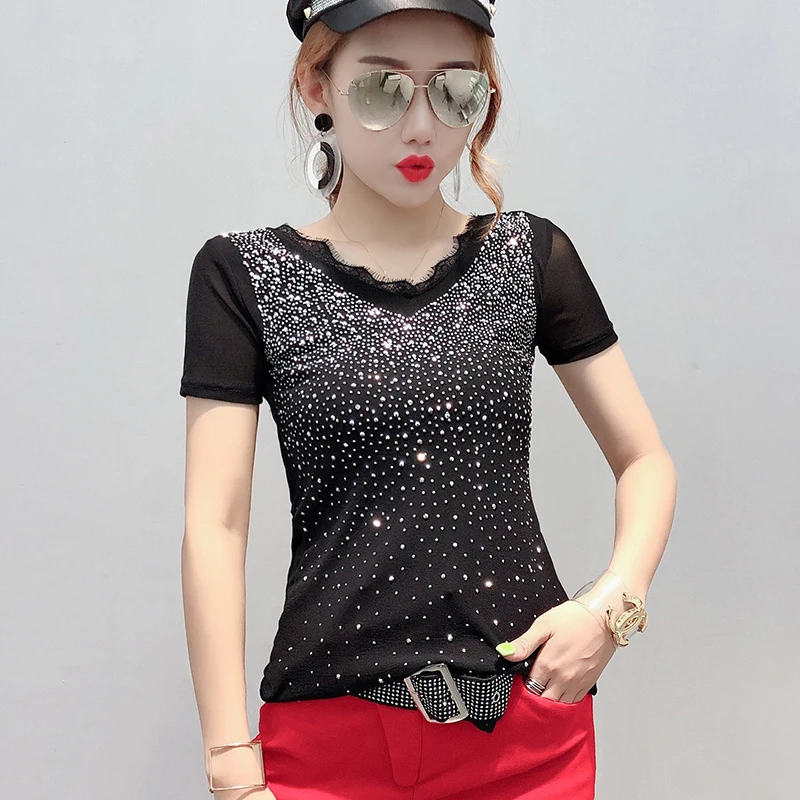 

Fashion Diamonds Tshirt Women Black V-Neck Double Mesh 2019 Summer New Backless Top Shirt Short Sleeve Camiseta Mujer T95814