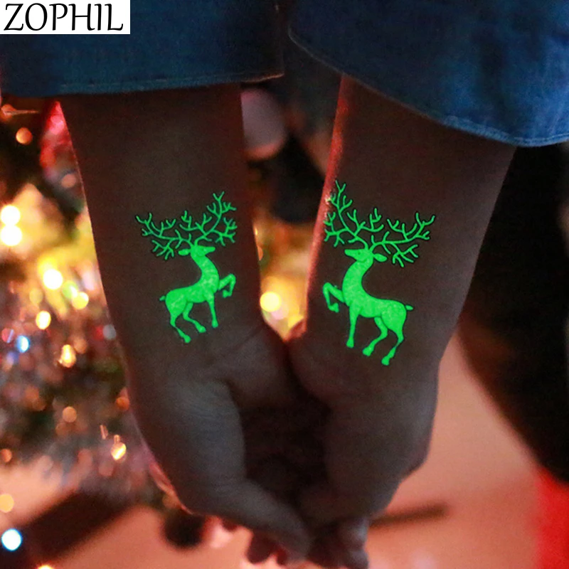 

ZOPHIL 1pcs Luminous Santa claus Snowman Deer Merry Christmas Waterproof Temporary Tatoo Sticker Body Art Party Decoration