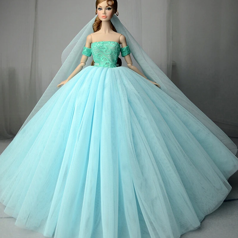 

Doll Dress Handmade Long Tail Evening Gown Clothes Lace Wedding Dress +Veil For Doll Best Gift