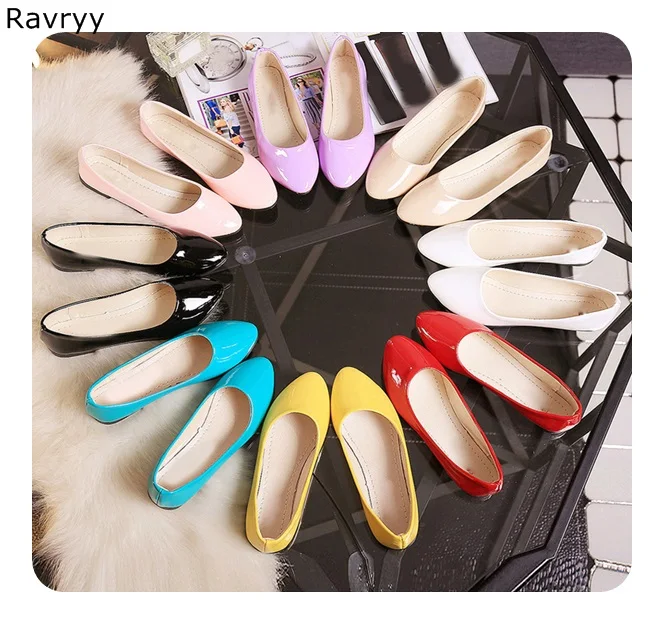 

Woman flats candy color blue pink red yellow patent leather Pointed Toe female dress shoes slip-on elegant party single shoes