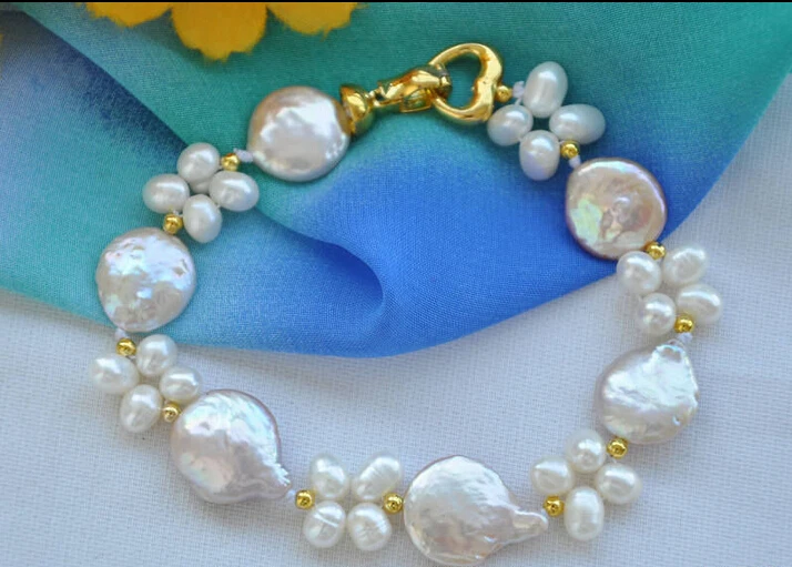 

shippingz5116 beautiful 8" 14mm pink coin white rice freshwater pearl bracelet 5.25