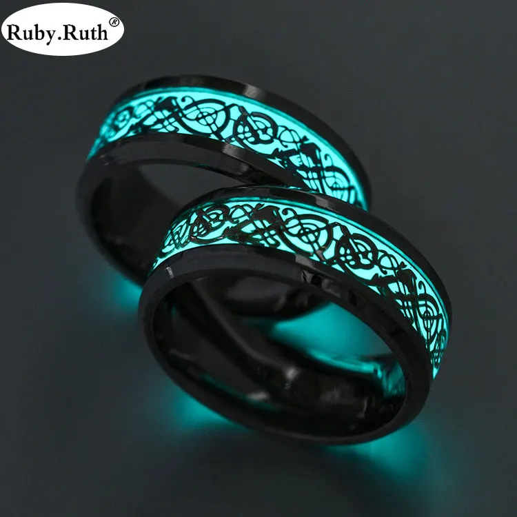 Luminous Plated silver Ring Dark Golden Dragon Inlay Green Background Fashion Men Fluorescent Glowing Rings