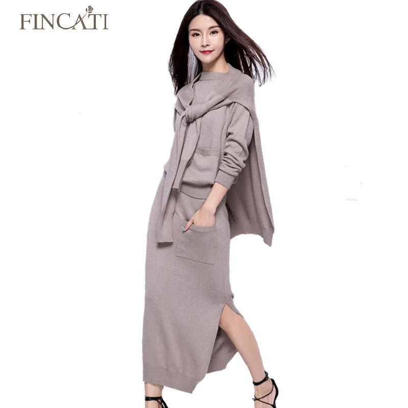 

Autumn Winter High Quality Cashmere Blending Women Three Pieces Set Woolen Sweater + Notched Skirt+Shawl Amice Knitted Dress