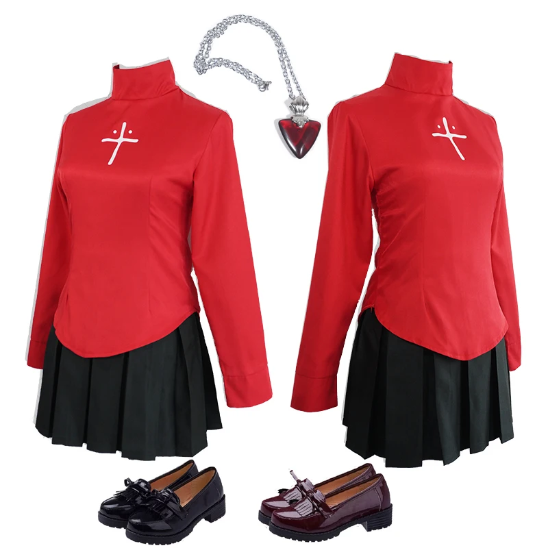 Fate/Stay Night Fate/Zero Tohsaka Rin Косплей Костюм красная водолазка рубашка черная плиссированная юбка ожерелье обувь Туфли-лодочки шпилька носки