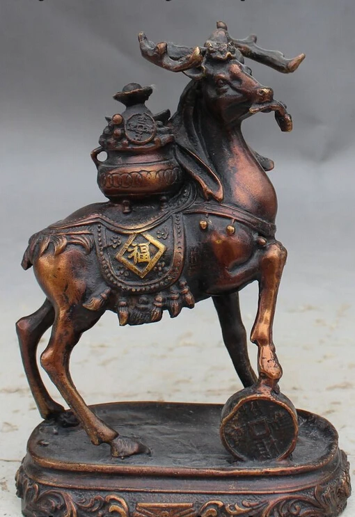 

xd 003314 Old Chinese Bronze Gilt Folk Wealth Treasure bowl Sika deer Cervus Statue