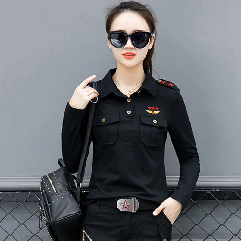 Новая повседневная рубашка поло размера плюс женские топы с длинным рукавом Военный стиль армейский зеленый черный хлопок тонкая рубашка-поло с вышивкой M8806 - Цвет: Черный