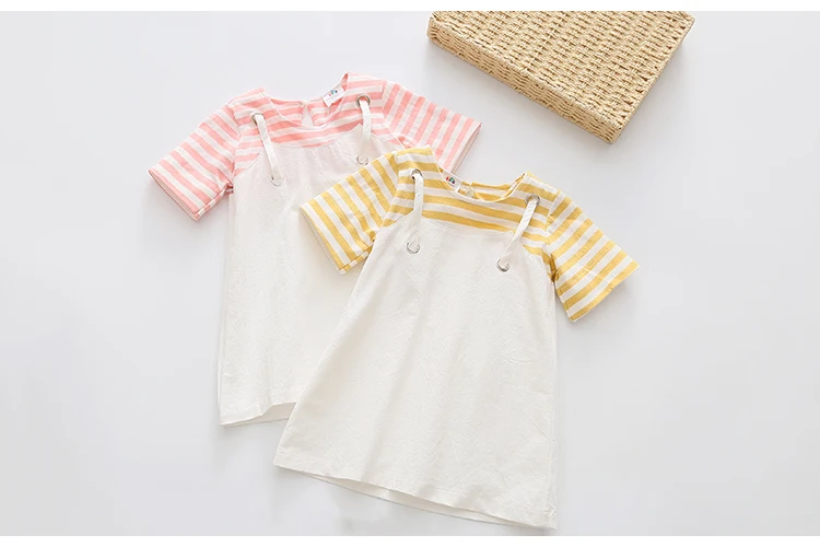 2018 Summer Little Kids Children Short Sleeve Striped Fake Two Pcs Suspenders Dresses For Girls of 2 4 6 8 10 12 Years old (7)