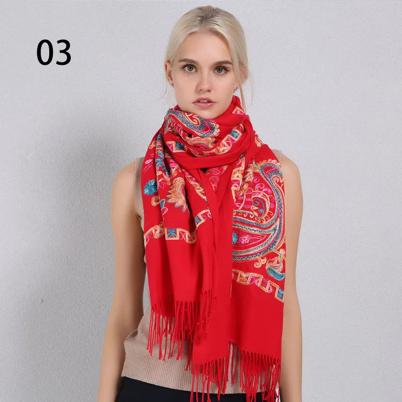Sparsil женские кашемировые шарфы с кисточками, пашмины с цветочной вышивкой и цветами, 200*70 см, длинные мягкие теплые женские зимние шали - Цвет: 03 Big Red