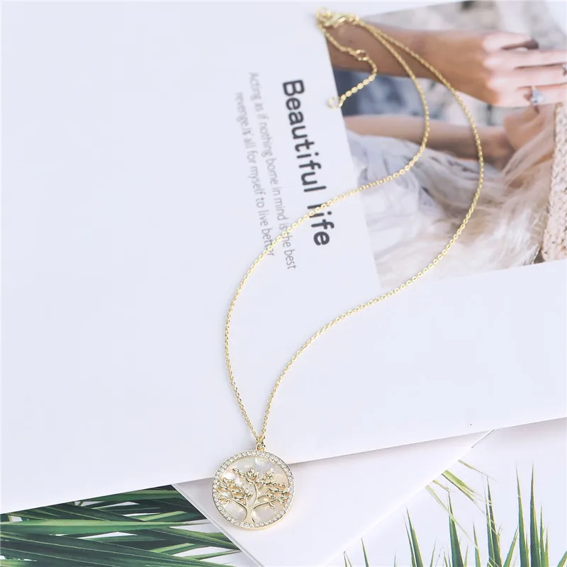 Popular Jewelry Gold Plated Brass CZ Pearl Shell Pendant Necklace Women (1)