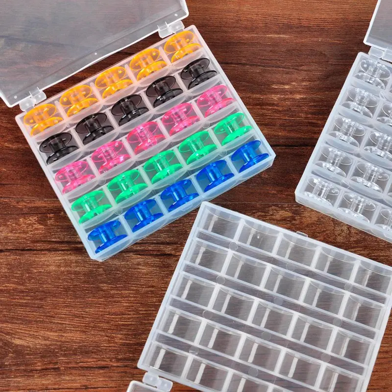 25 Compartments Plastic Sewing Machine Bobbins Spool Box Colorful/Clear