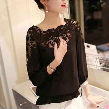 

Womens Lace Tops and Blouses Fashion Summer Korean Ladies Long Sleeve Shirt Casual Vintage White Elegant Clothes 2019 Plus Size