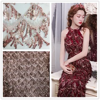 

1Yard Mesh Embroidery Sequins Three-Dimensional Tassel Lace Fabric High-End Cheongsam Dress Fabrics India Evening Party Wedding