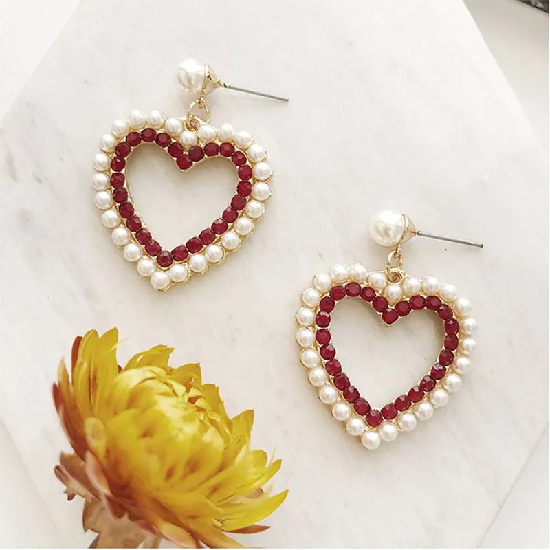 XIAO YOUNG Fashion Heart Drop Earrings Jewelry For Women New Trendy Simulated Pearl Rhinestone Wedding Long Earrings Gift