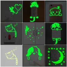 Мультяшный светящийся выключатель, наклейка на темную стену, домашний декор, детская комната, украшение, луна, звезда, кошка, наклейка