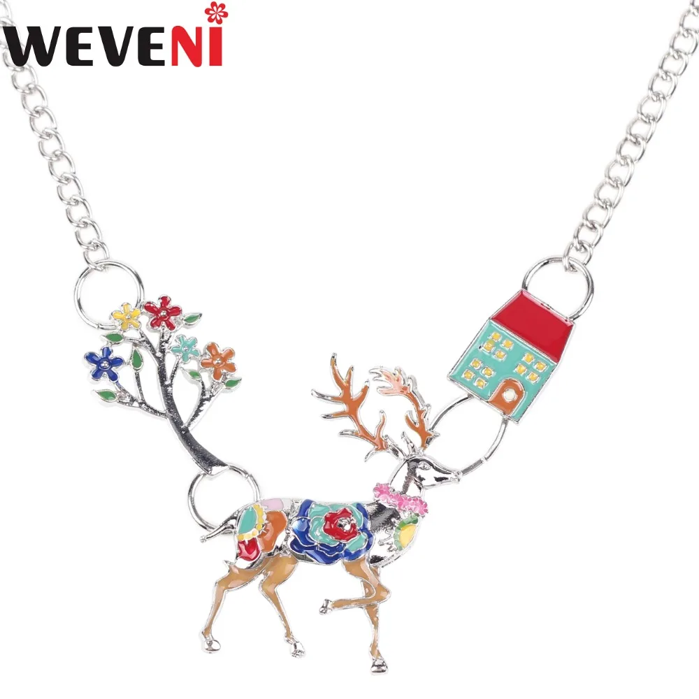 WEVENI Statement Metal Stag Deer Tree House Choker Necklace Pendants Chain Collar Fashion Jewelry For Women Christmas Gift | Украшения и