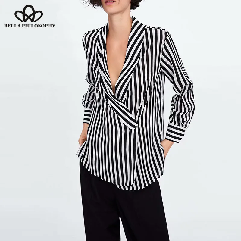 Wonder Spring Long Sleeve Blouse Shirts Vintage Striped Female Loose Blouse Casual Sexy V-Neck Lady Retro Blouse Tops 2019 new