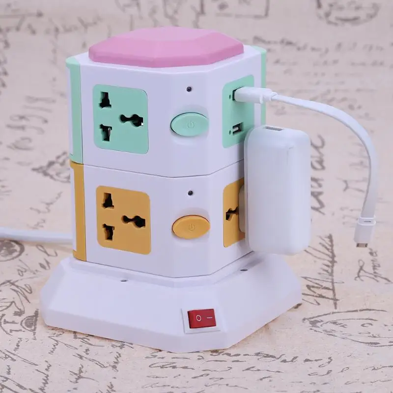 

2 Layer Electrical Power Sockets Extension Cord Vertical Power Strip 2 USB Ports Standard Wall Socket with Light EU US UK Plug