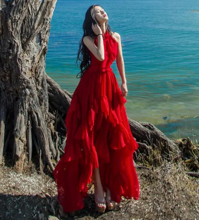 SHTONGHUA богемное летнее женское праздничное пляжное макси платье сексуальный шифоновый с открытыми плечами оборками Красное длинное, свободное платье - Цвет: Красный