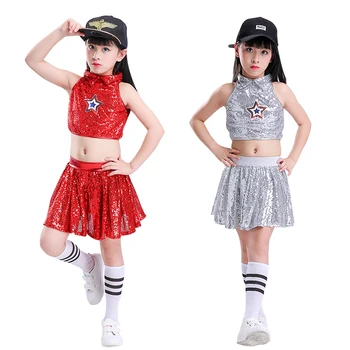 

Girls Modern Dance Skirt Jazz Dance Dress Leakage Cheerleading Costume Navel Sequin Pleated Skirt